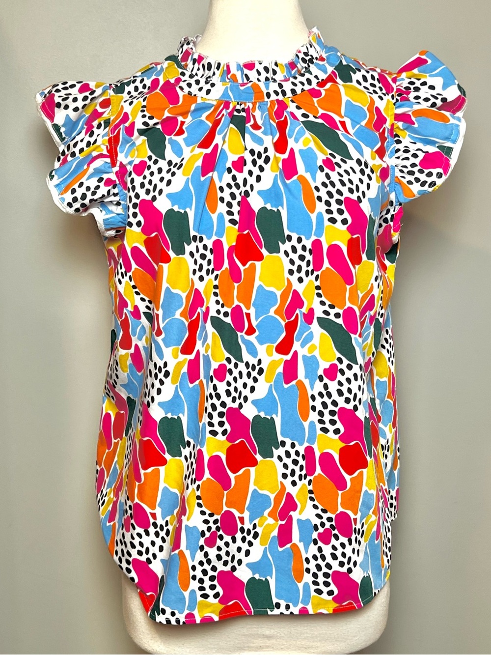 Multicolor Abstract Ruffle Cap Sleeve Blouse
